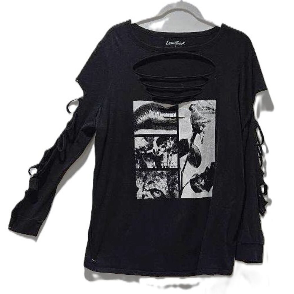 LOVE SICK SHREDDED BLACK LONG SLEEVE GRAPHIC TEE  2 GOTH PUNK HALLOWEEN DISTRESS